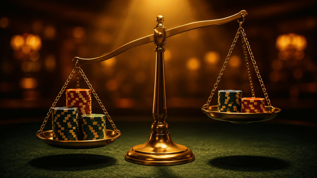 A balance scale weighing casino chips on each side, representing comparing the value of two bonus offers