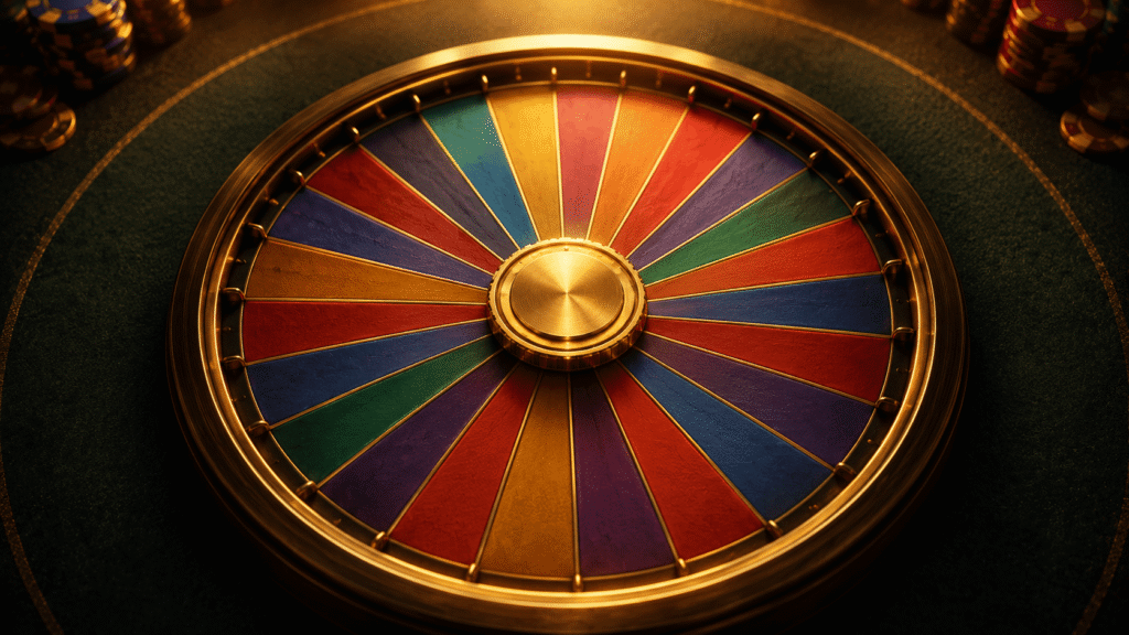 A colourful prize wheel viewed from above with a golden token at its centre, representing a free spins reward