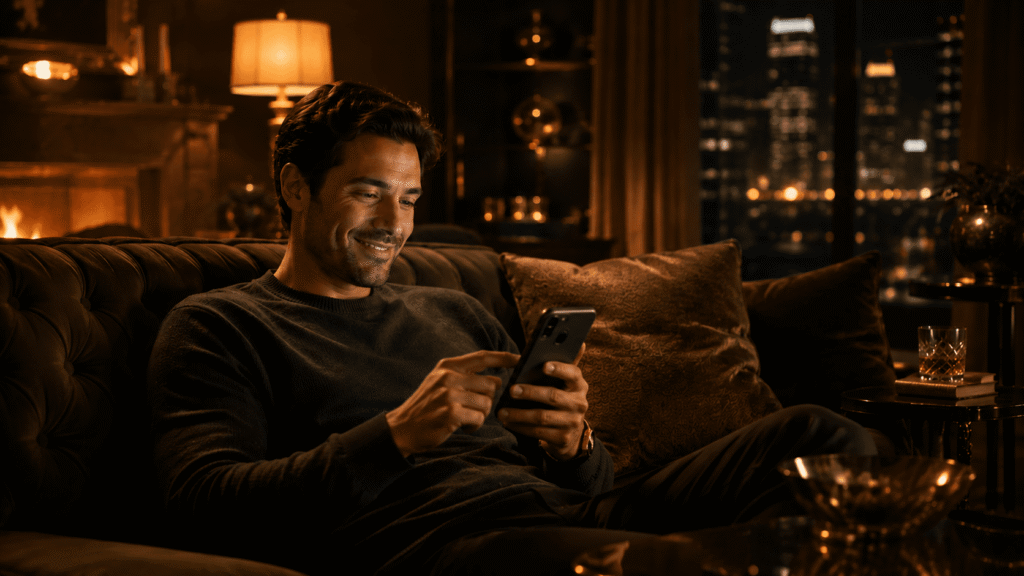 A player checking an online casino on their phone while relaxing at home