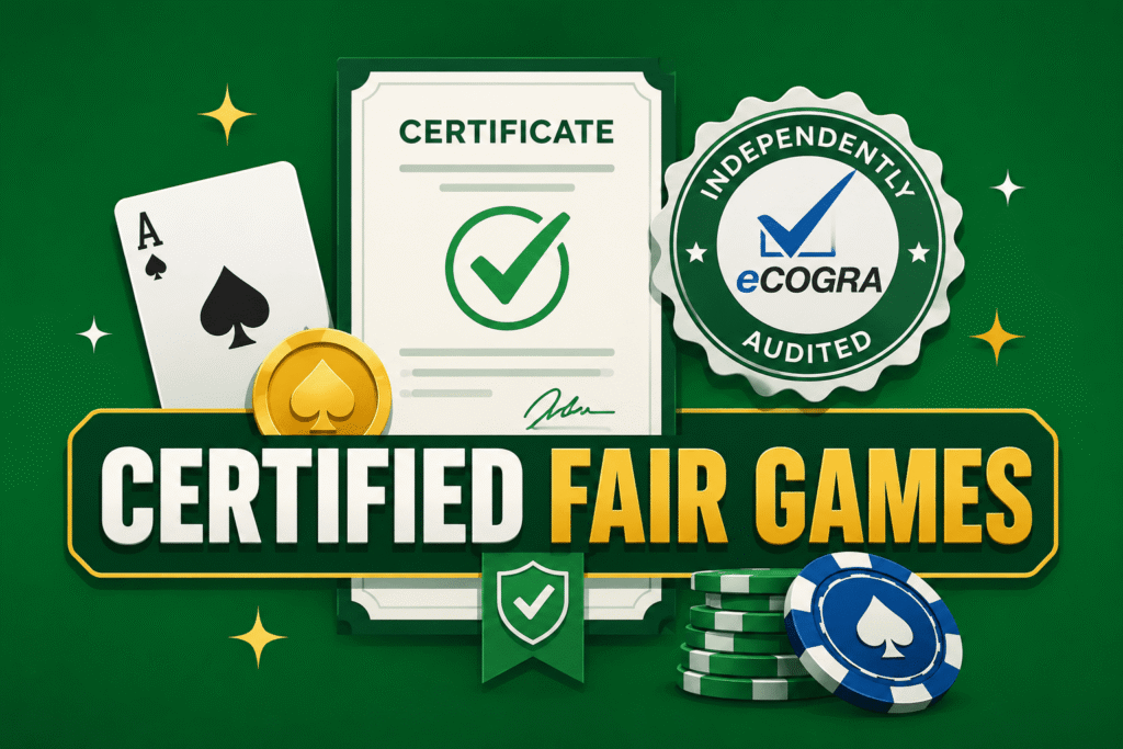 Audit certificate with a tick beside a certification badge and casino chips.