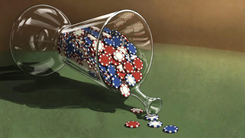 Casino chips pouring into a funnel with only a few coins coming out