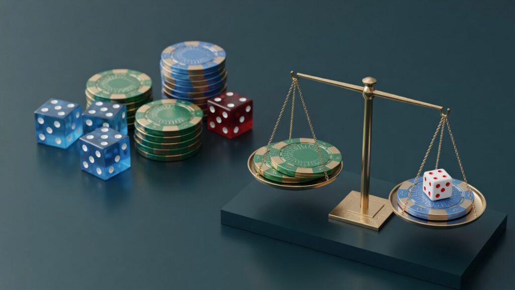 Casino dice, chips and scales representing odds and fair play