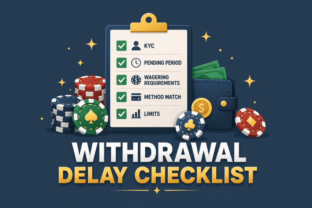 Flat checklist with casino chip accents showing withdrawal delay causes on slate blue background.