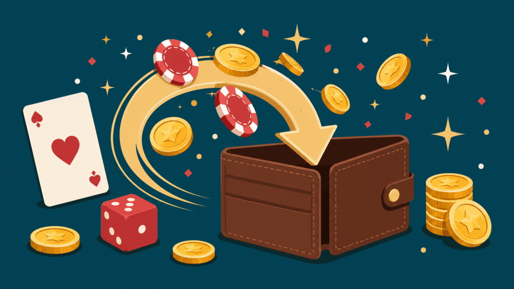 Flat vector illustration contrasting a stack of free withdrawable cash with a padlocked bonus-credit voucher
