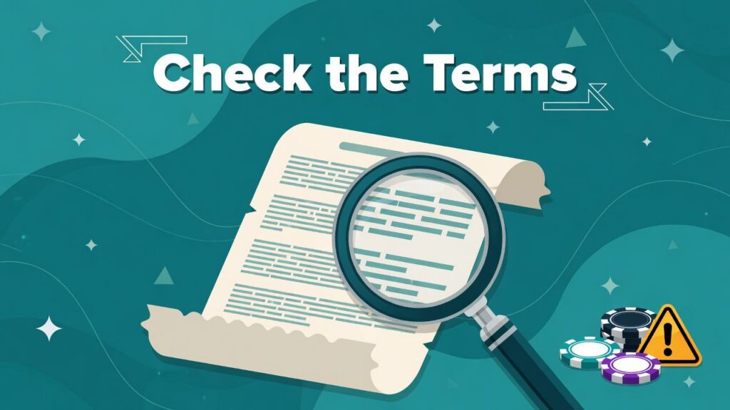 Magnifying glass inspecting bonus terms and conditions document.