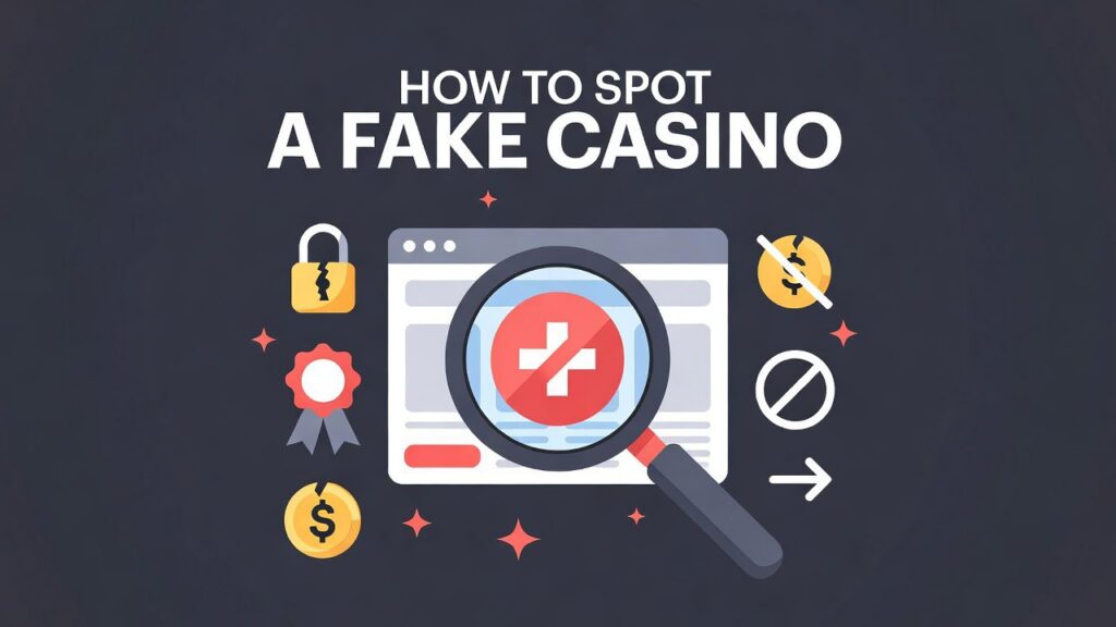 Magnifying glass over a casino screen with a scam warning overlay.