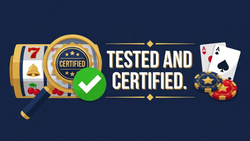 Magnifying glass over slot reel showing certification seal for game testing