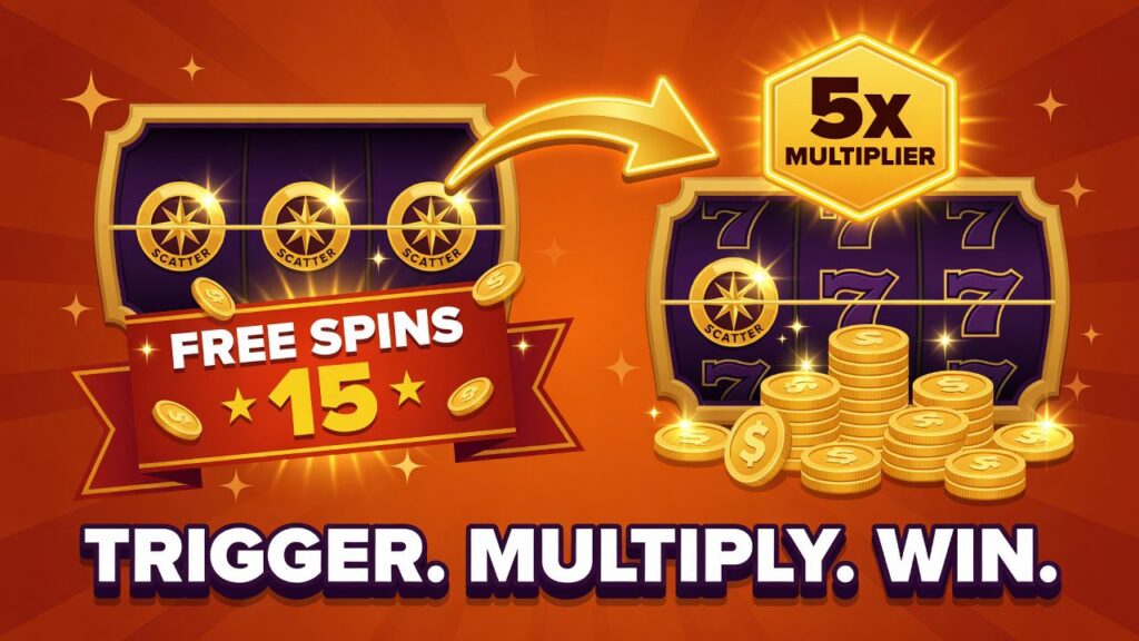 Slot machine split between triggering free spins and the bonus round with a 5x multiplier active.