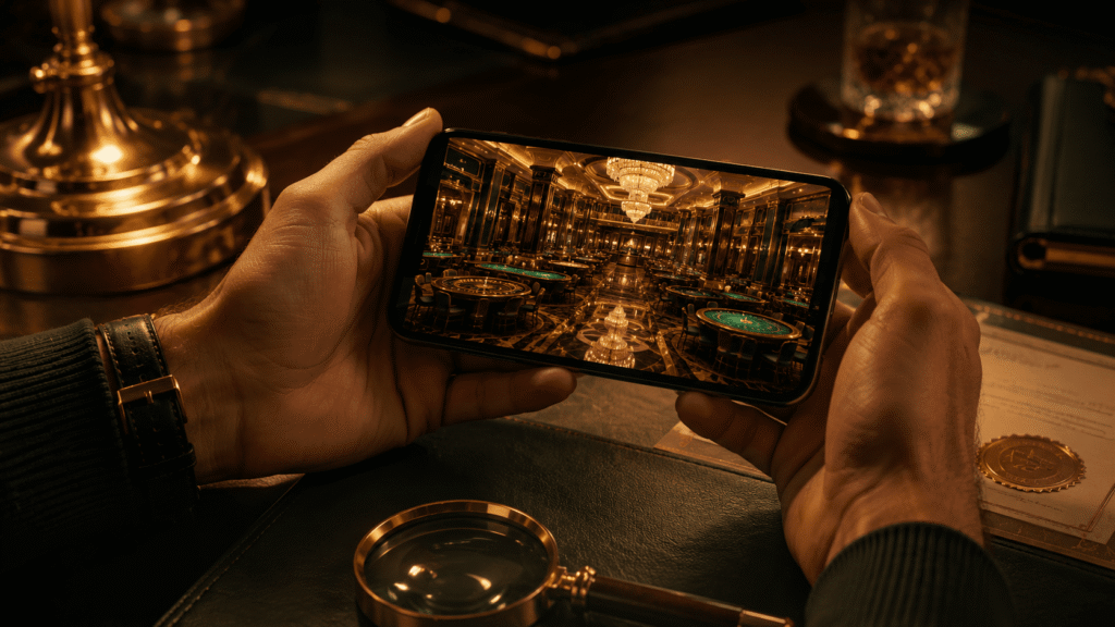 Someone checking an online casino's certification and licence details up close