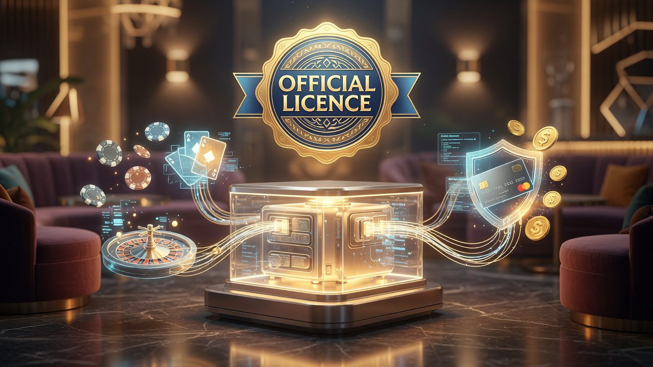 The main parts that make an online casino work, shown connected together