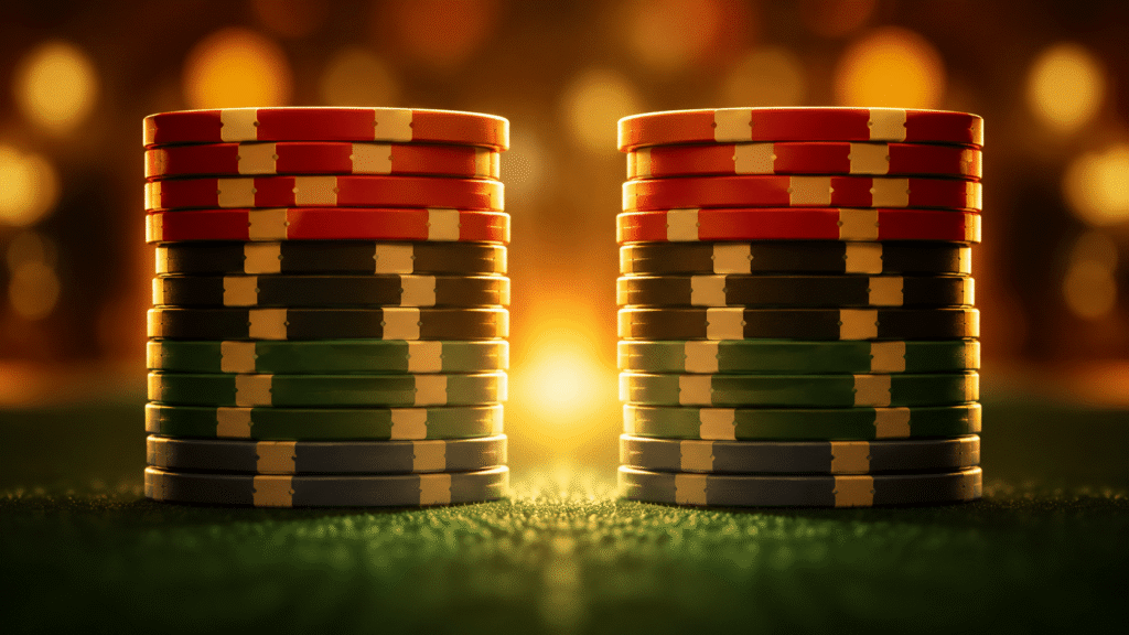 Two equal stacks of casino chips side by side, representing a 100% deposit match doubling your balance