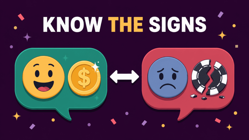 Two speech bubbles showing contrasting win and loss emotions with casino symbols.