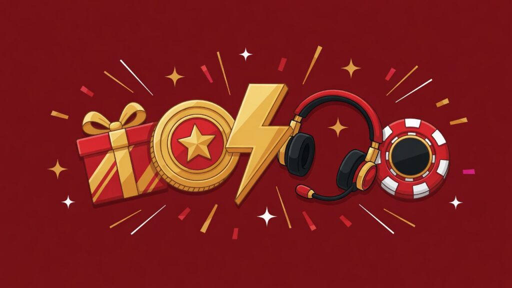 illustration of loyalty rewards including a gift box, token, lightning bolt, support headset and chip, showing the perks of a casino VIP program.